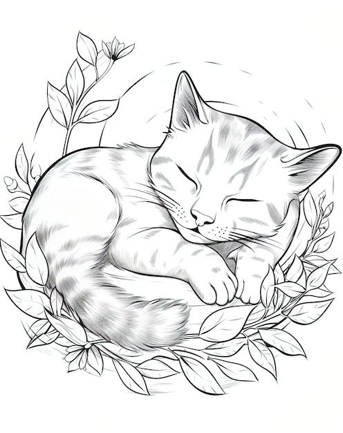 Plik wektorowy kolorowanka z kotem śpiącym w stylu pracy jednowierszowej