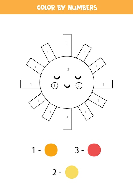 Kolorowanka Z Uroczym Kawaii Sun. Koloruj Według Liczb. Gra Matematyczna Dla Dzieci.