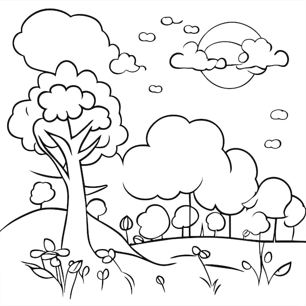 Plik wektorowy kolorowanki krajobrazowe sceny przyrodnicze z chmurami słonecznymi lub scena krajobrazowa łąki kwitnie wiele drzew