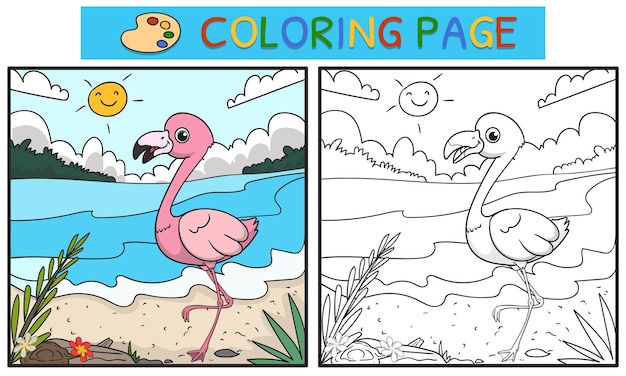 Plik wektorowy kolorowanki lub książki dla dzieci śliczna ilustracja flamingo na rzece