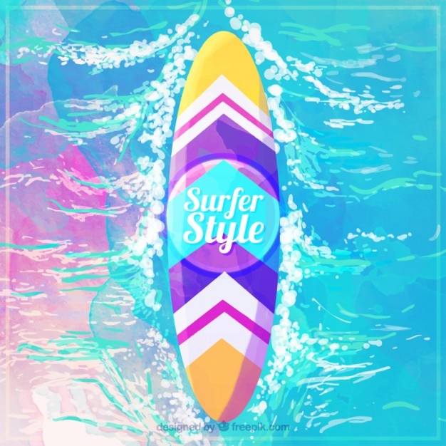 Kolorowe Akwarela Deskę Surfingową W Morzu