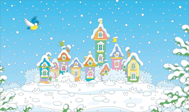 Kolorowe Domy Z Zabawkami W ładnym Małym Miasteczku Pokryte śniegiem W Zimny I śnieżny Zimowy Dzień
