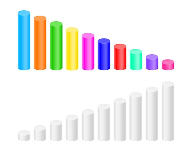 Kolorowe i białe cylindry. Wykres słupkowy, elementy wykresu kolumnowego dla finansów infografikę statystyczną. Oznaki wzrostu i spadku. Ilustracja wektorowa 3d.