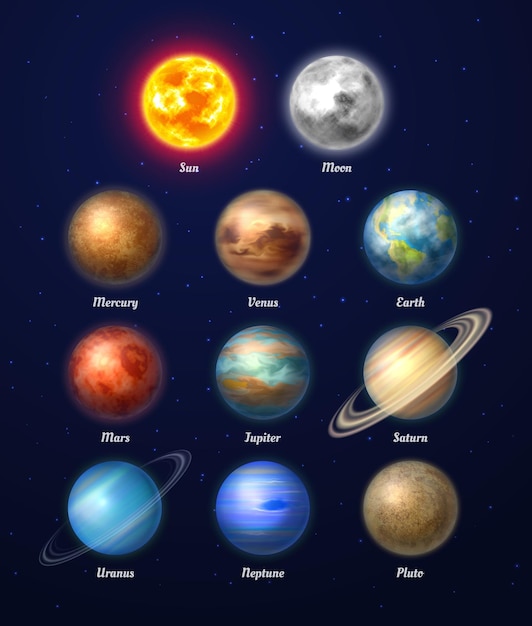 Kolorowe ilustracje słońca, księżyca i dziewięciu planet