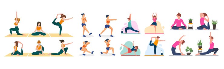 Wektor kolorowe ilustracje z kreskówek joga, pozy, ćwiczenia fitness, różnorodne osoby rozciągające się