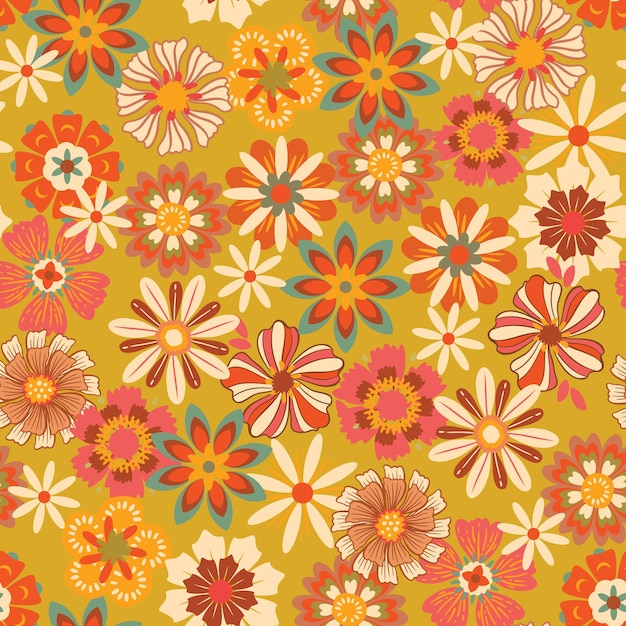 Kolorowe kwiaty Groovy bezszwowe wzór ilustracji wektorowych hippie estetyczny kwiatowy wzór dla mody tkanina tekstylna tapeta okładka okładka internetowa