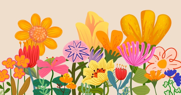 Kolorowe kwiaty rośliny i kwiatowe ręcznie narysowane ilustracje wektorowe Projekt botaniczny przyrody