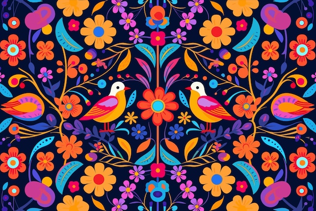 Plik wektorowy kolorowe meksykańskie tło z ilustracji wektorowych płaska konstrukcja kwiatów i ptaków