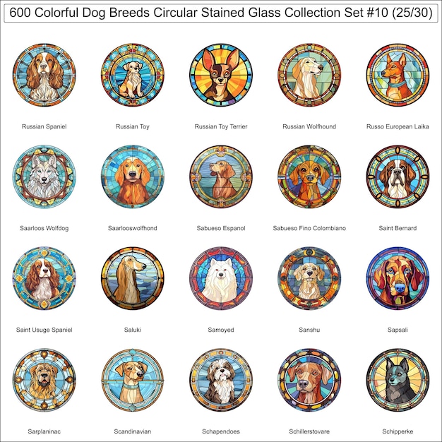 Kolorowe rasy psów okrągłe witraże szklane Psy Bundle Collection Set 10 z 600 twarzy psów Część 25