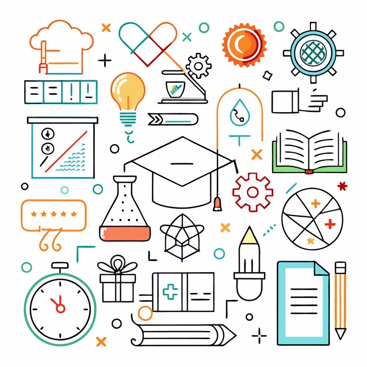 Kolorowe ręcznie narysowane ikony na białym tle ilustrujące różne technologie edukacji biznesowej i koncepcje uczenia się