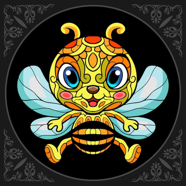 Kolorowe Słodkie Pszczoły Kreskówka Zentangle Sztuki Na Białym Tle Na Czarnym Tle