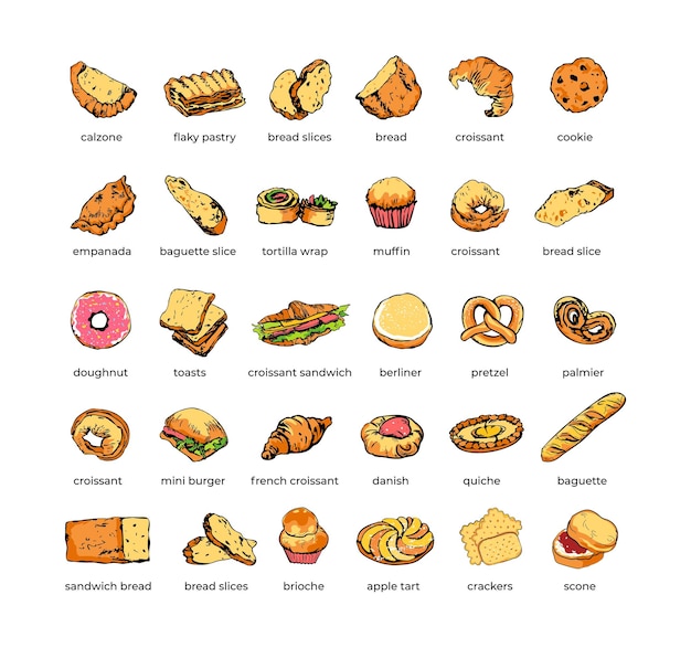 Plik wektorowy kolorowe szkice chleba i wyrobów piekarniczych elementy bazgrołu w stylu retro kolekcja do wydruków