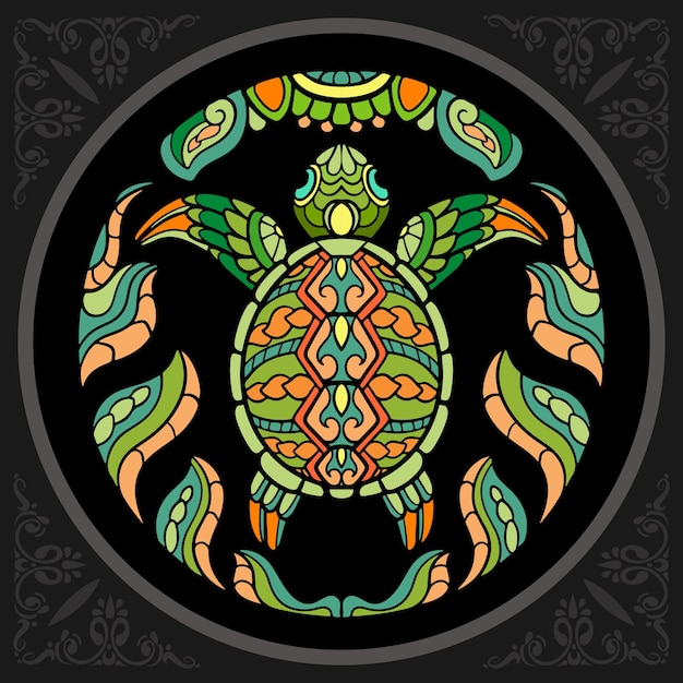Kolorowe sztuki zentangle żółwia morskiego na białym tle na czarnym tle