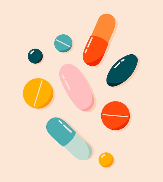 Plik wektorowy kolorowe tabletki, leki, zestaw witamin. koncepcja opieki zdrowotnej, koronawirusa i medycyny. ręcznie rysowane nowoczesny