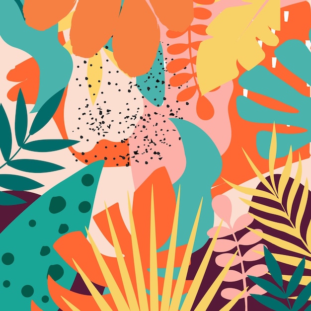 Kolorowe Tropikalne Liście I Kwiaty Plakat Tło Wektor Ilustracja Egzotyczne Rośliny Oddziałów