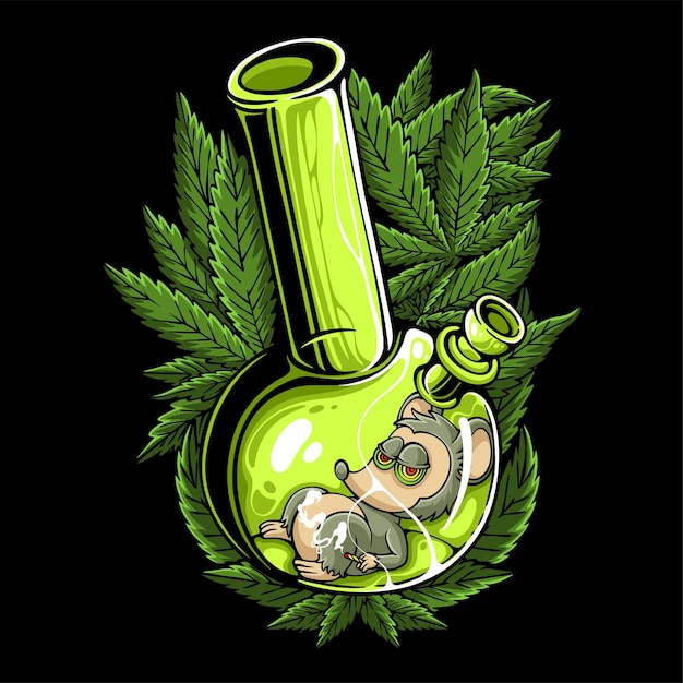 Plik wektorowy kolorowe urządzenie do palenia konopi z paleniem marihuany szczura wewnątrz na tle liścia marihuany