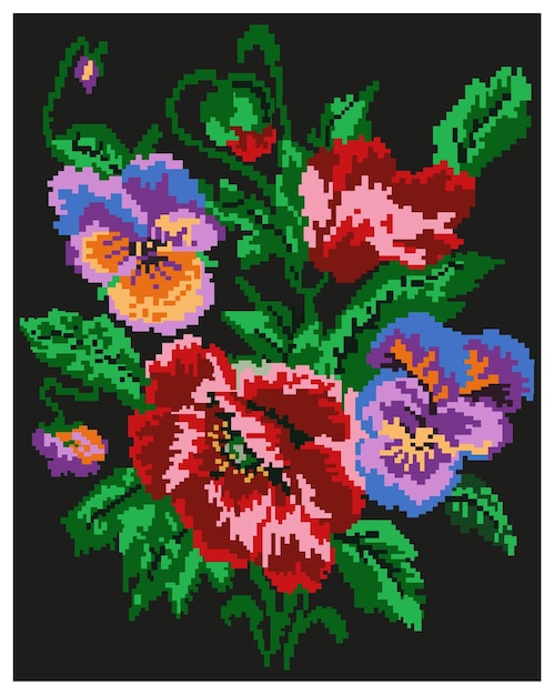 Plik wektorowy kolorowy bukiet kwiatów maków i pansies na czarnym tle
