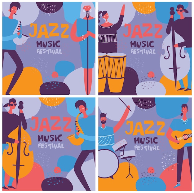 Kolorowy Festiwal Jazzowy Muzyków śpiewaków I Instrumenty Muzyczne Plakat Zestaw Płaski Na Białym Tle Ilustracji Wektorowych W Stylu Płaski