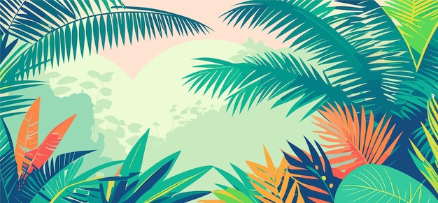 Kolorowy krajobraz lasów tropikalnych płaskie kolory panoramiczny baner Tropiczne wakacje projekt szablonu Ilustracja wektorowa