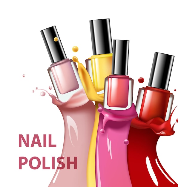 Kolorowy lakier do paznokci, rozpryski lakieru do paznokci na białym tle, ilustracja 3d, modne reklamy do projektowania Kosmetyki i moda tło Wektor szablonu.