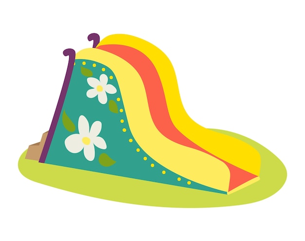 Plik wektorowy kolorowy nadmuchiwany slajd z kwiatowym wzorem na trawie jasnożółty czerwony i niebieski bounce slajd dla dzieci rozrywka dzieci zewnętrzne nadmuchiwane urządzenia do zabawy ilustracja wektorowa
