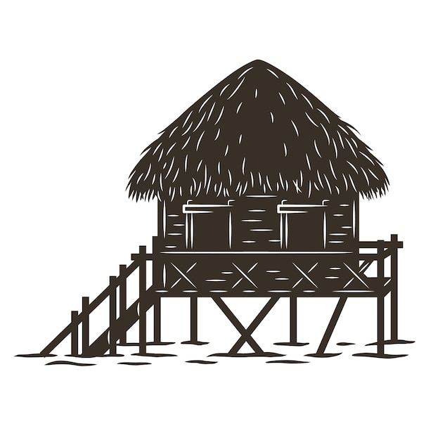 Kolorowy Nadruk Przedstawiający Stojący Bungalow Na Fali. Ilustracja Wektorowa Projekt Koszulki Lato Hawaje