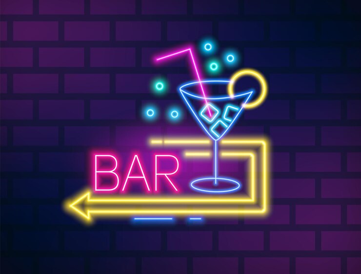 Wektor kolorowy neon bar szyld z martini szkła i strzałka wektor ilustracja płaskie. jasne świecące symbol strony z napisem na białym tle na tle ceglanego muru. znak życia nocnego z elementami projektu.