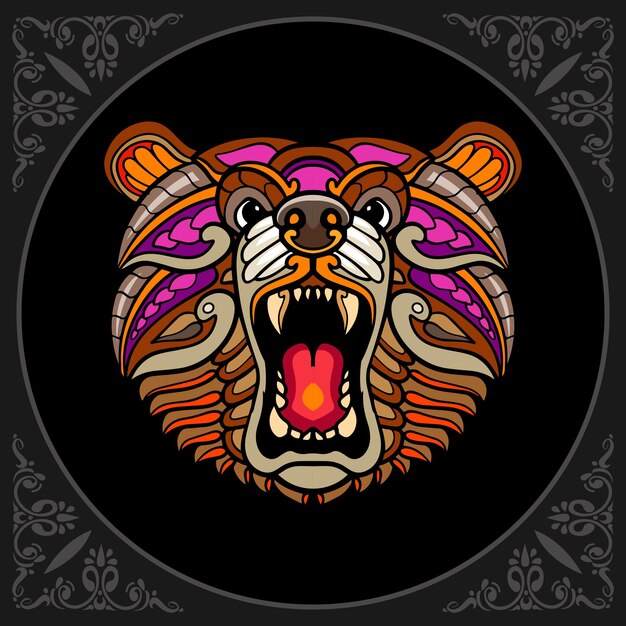 Kolorowy niedźwiedź grizzly zentangle sztuki na białym tle na czarnym tle