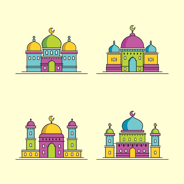 Kolorowy Płaski Kreskówka Meczet Ilustracji Wektorowych Pakiet