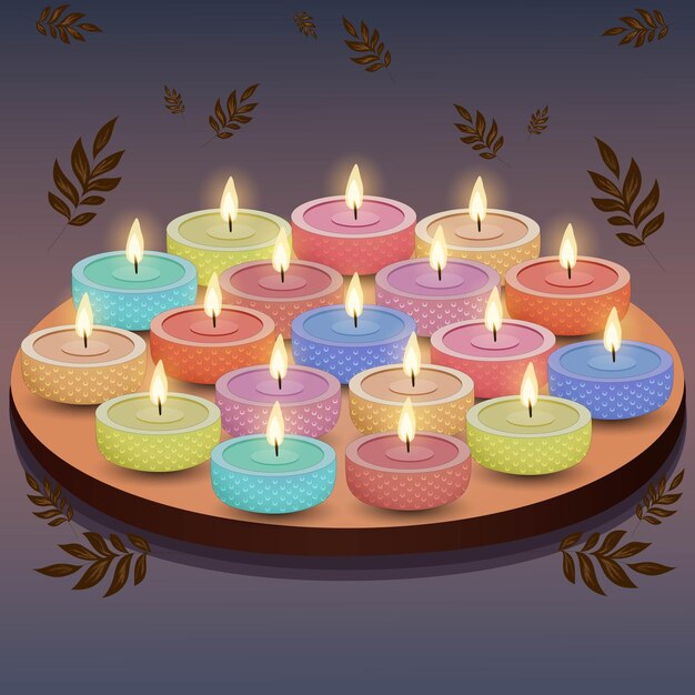 Plik wektorowy kolorowy, płonący turkusowy talerz ze świecą z dekoracją w kształcie liści na szarym fioletowym tle może być używany jako projekt karty z okazji święta diwali lub projektu plakatu