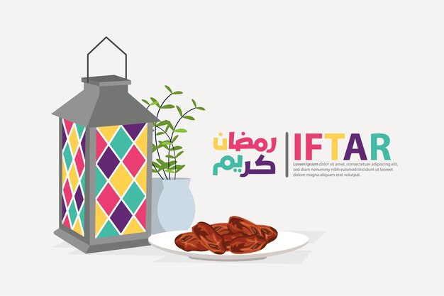 Plik wektorowy kolorowy projekt koncepcja ulotki celebracji żywności iftar sweet dates lantern i tabliczka z datami islamska