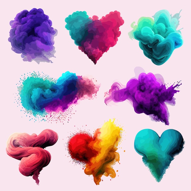 Kolorowy przepływ dymu i eksplozja proszku farby w kształcie serca izolowany na tle ilustracji wektorowych