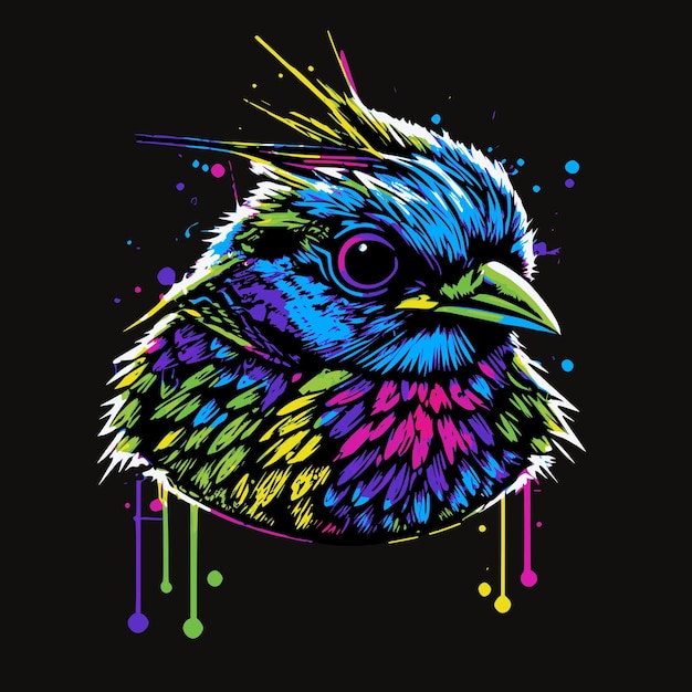 Kolorowy ptak z kolorowymi piórami i napisem bird na przodzie