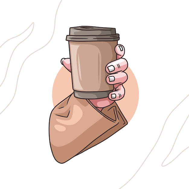 Kolorowy rysunek rąk trzymających kawę
