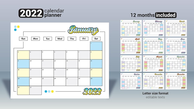 Plik wektorowy kolorowy śliczny miesięczny planer kalendarza 2022 do druku