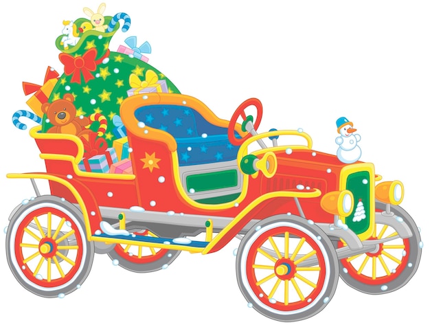 Kolorowy Stary Samochód świętego Mikołaja Z Wielką Magiczną Torbą świątecznych Prezentów Dla Dzieci