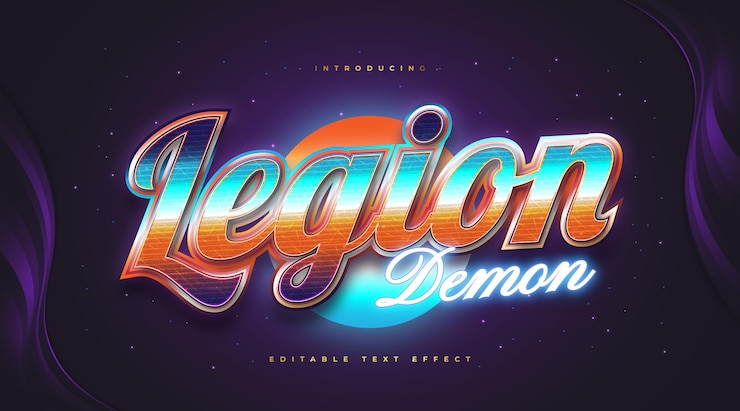 Wektor kolorowy styl tekstu retro z świecącym efektem niebieskiego neonu. edytowalny efekt stylu tekstu