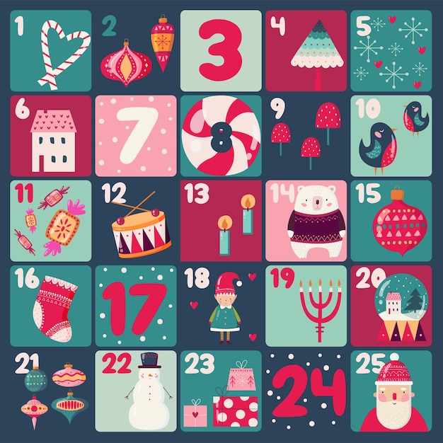 Plik wektorowy kolorowy świąteczny kalendarz adwentowy z uroczymi rzeczami