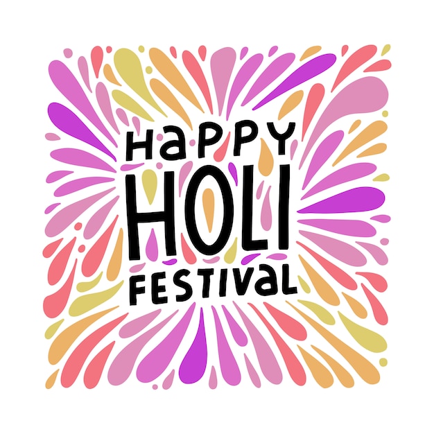 Kolorowy świąteczny Powitalny Holi Streszczenie Z Napisem Festiwalu Happy Holi. Indyjski Tradycyjny Festiwal Kartkę Z życzeniami, Baner, Szablon. Płaskie Ręcznie Rysowane Ilustracji.