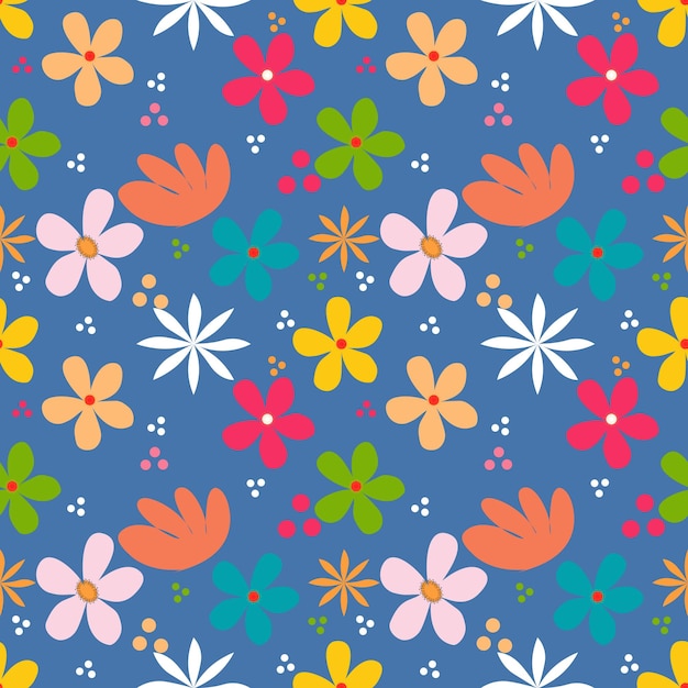 Kolorowy wzór z kwiatami na niebieskim tle.