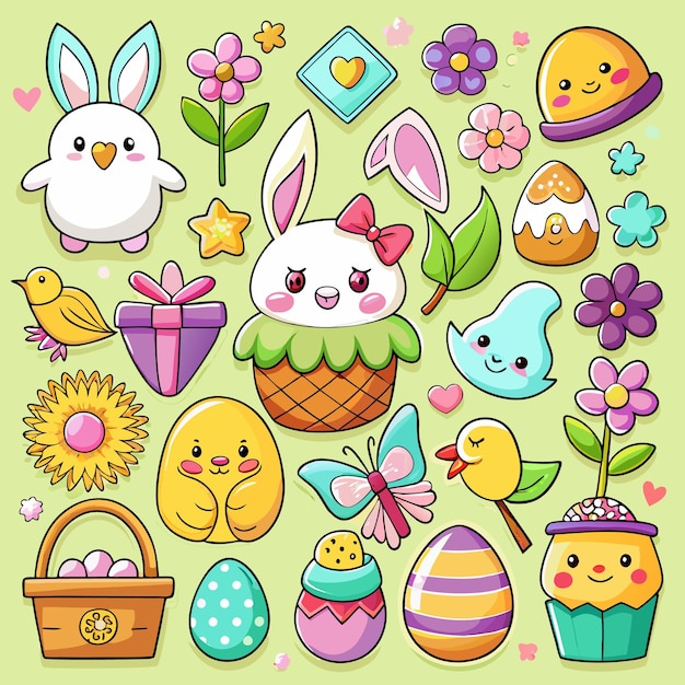 Kolorowy zestaw ilustracji kreskówek o tematyce wielkanocnej, w tym kwiaty, jaja królików i wiele więcej