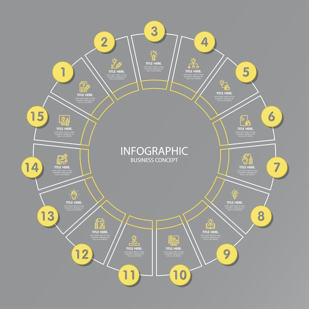 Kolory żółty I Szary Dla Infografiki Koło Z Ikonami Cienka Linia. 15 Opcji Lub Kroków Dla Infografik, Schematów Blokowych, Prezentacji, Stron Internetowych, Materiałów Drukowanych. Koncepcja Biznesowa Infografiki.