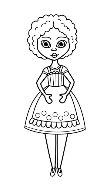 Plik wektorowy koloryzacja dziewcząt lalka linia sztuki kobieta w sukience gospodyni domowej ręcznie narysowana ilustracja