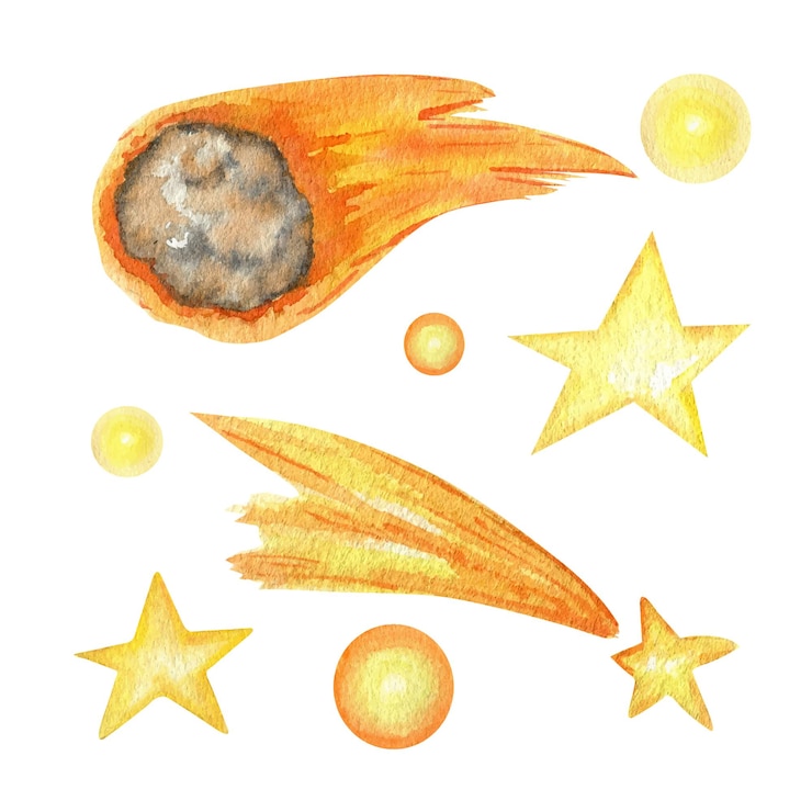 Wektor kometa i gwiazdy w akwarela na białym tle ilustracja układu słonecznego na białym tle.