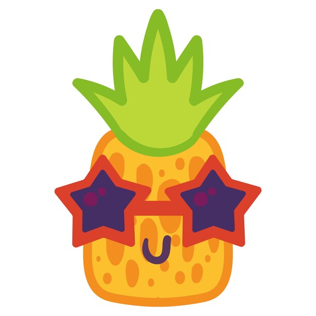 Plik wektorowy komiks ananasa emoji ręcznie rysowane ilustracja. owoce tropikalne w naszywce na okulary w kształcie gwiazdy retro
