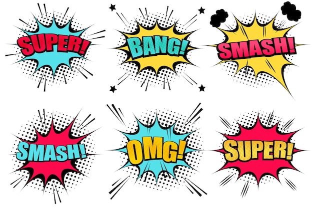 Komiksowa kolekcja dymków z kolorowymi chmurami Sformułowania Super Smash Bang OMG z gwiazdami półtonów i dźwiękowymi efektami humoru.