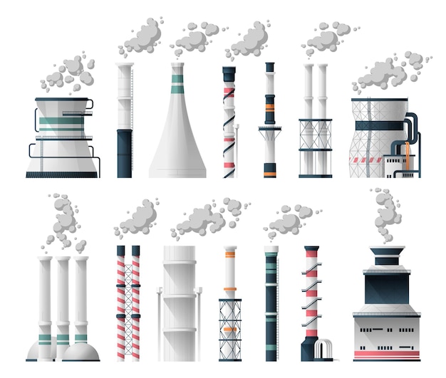 Komin Przemysłowy Kreskówka Komin Węglowy Z Rurą Wydechową Komin Rafinerii Przemysłowej Z Toksycznymi Oparami Ekoelektrownia Zestaw Wektorowy Zanieczyszczenie środowiska Brudny Smog