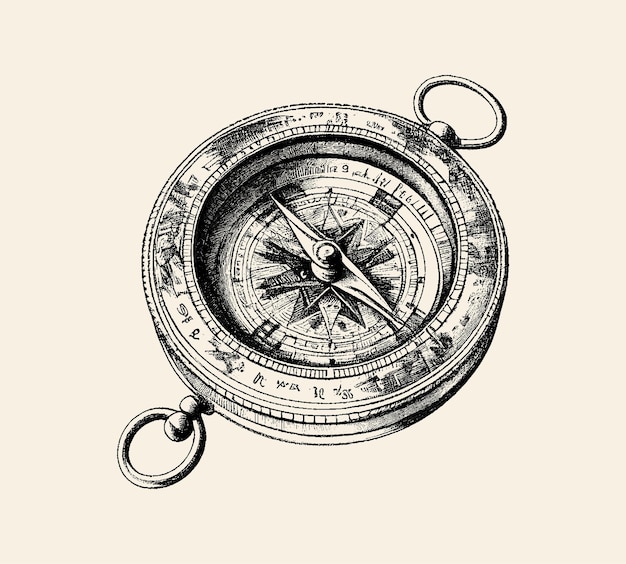 Plik wektorowy kompas wygrawerowany rysunek ręcznie narysowany dla twojego projektu, narysowany czarnym tuszem na odizolowanym tle
