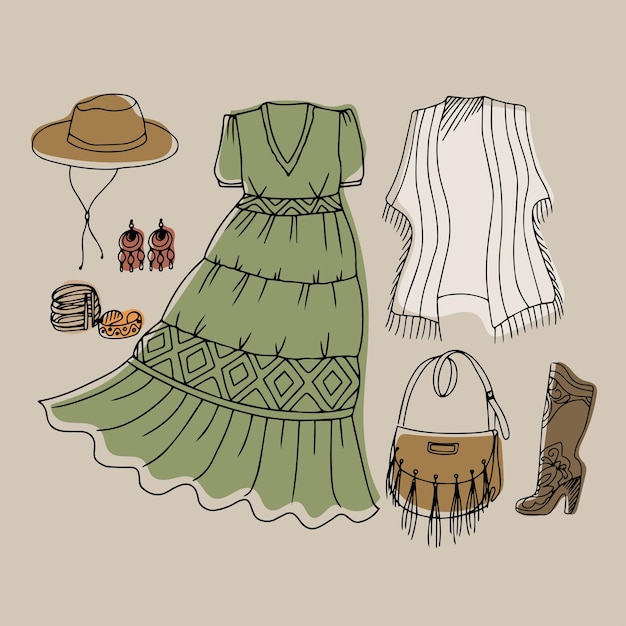Komplet modnych ubrań w stylu boho. Wygląd wykonany z sukienek, poncho, czapek, butów i torebek.