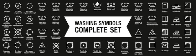 Plik wektorowy kompletna kolekcja symboli prania zestaw czarnej ikony prania symbol prania etykieta pielęgnacji ubrań ikony instrukcji prania ubrań